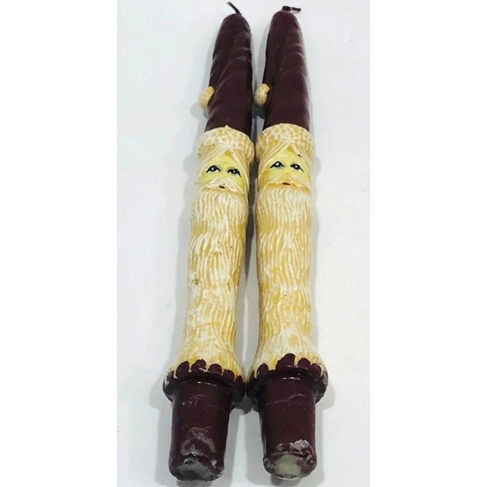 VTG Old World Santa Claus Kris Kringle Taper Candlesticks Set of 2 Burgundy XMAS